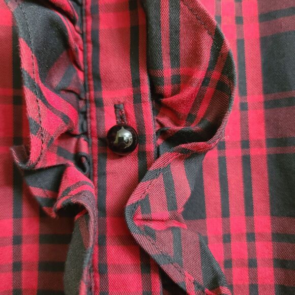 Talbots Stretch Long Sleeve Red Black Plaid Popover Blouse Ruffle Preppy Size 6 - Picture 3 of 9